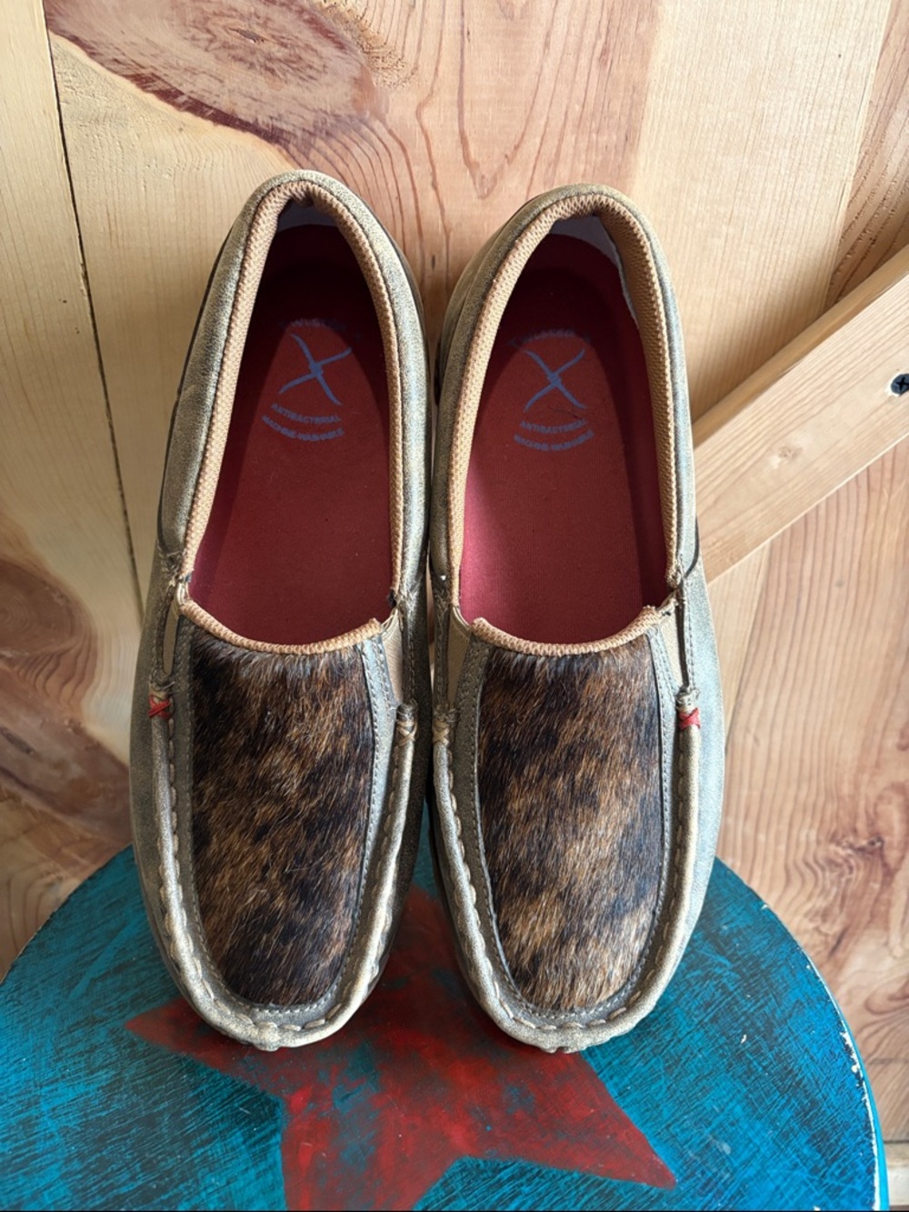 Twisted X Brown Hair-On Leather Slip-On Flats with Red Insole